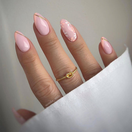 Chic Blossom Medium Almond Light Pink with Elegant Gold Trim Nail Set