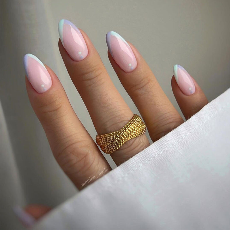 Dreamy Elegance Medium Almond Pink with Blue Tips and Shimmering Gloss Finish Press On Nail Set