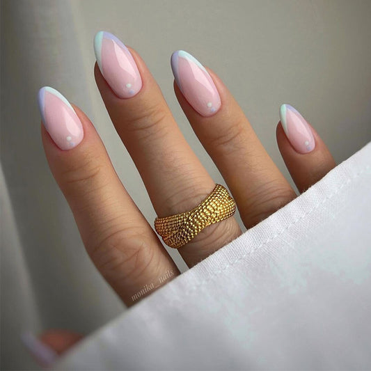 Dreamy Elegance Medium Almond Pink with Blue Tips and Shimmering Gloss Finish Press On Nail Set