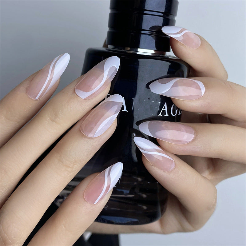 Elegant Ocean Vibes Long Almond Shaped Milky White Nails with Stylish Wave Design