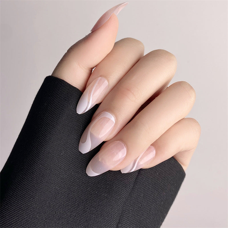 Elegant Serenity Long Almond Shaped Soft Pink Transparent Nail Set with Chic Artistic Swirl Design