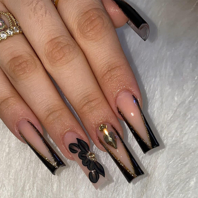 Glamorous Elegance Long Square Black with Gold Accents and Floral Design Press On Nail Set