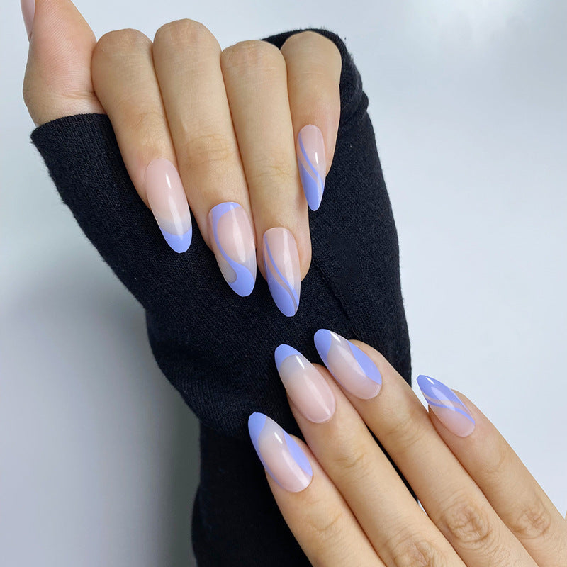 Chic Ocean Vibes Long Almond Blue Ombre Press On Nail Set with Unique Swirled Design