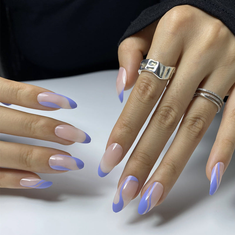 Chic Elegance Long Almond Soft Pink with Blue Tips and Artistic Swirl Design Press On Nail Set