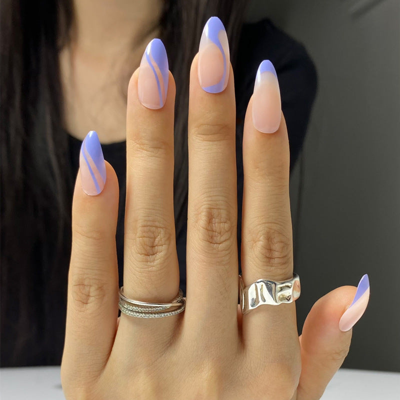 Whimsical Dream Purple Long Almond Press On Nail Set with Artistic Swirl Design