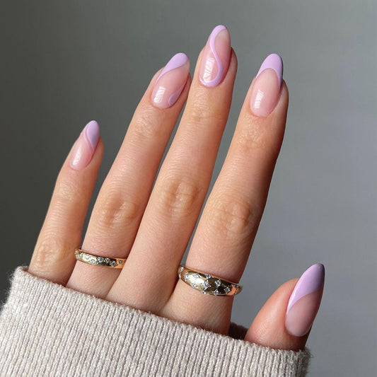 Charming Lavender Medium Almond Shaped Press-On Nail Set with Unique Swirl Design