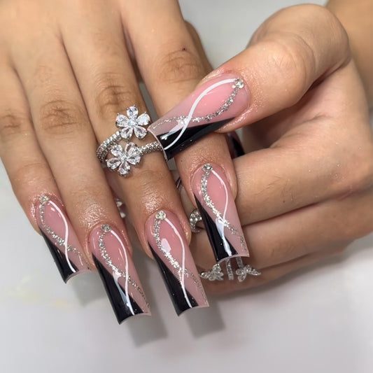 Glamorous Stiletto Press On Nail Set Long Square Black and Pink with Glittering Swirls