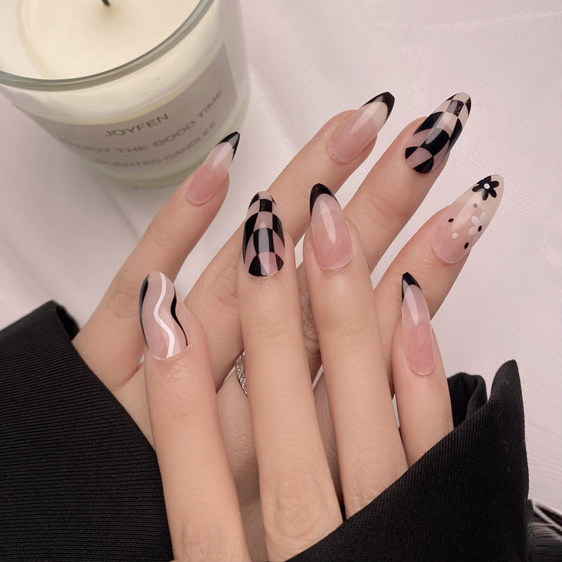 Chic Geometric Elegance Long Almond Pink and Black Graphic Design Press-On Nail Set