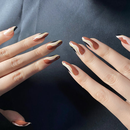 Elegant Earthy Long Almond Brown and Black Gradient Press On Nail Set with Gold Accent Swirls
