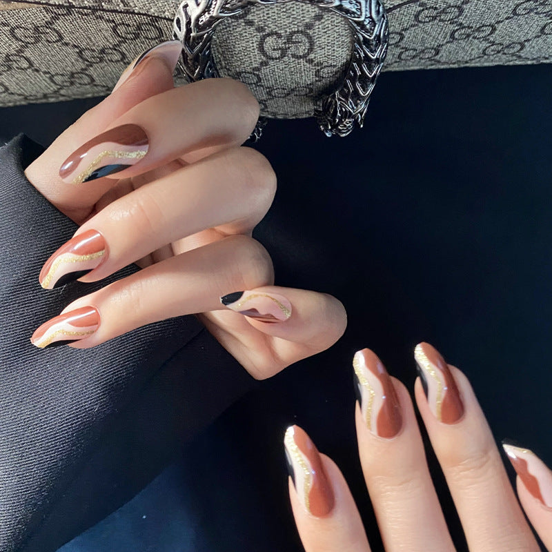 Chic Elegance Long Almond Brown Gradient Nails with Glossy Gold Accent