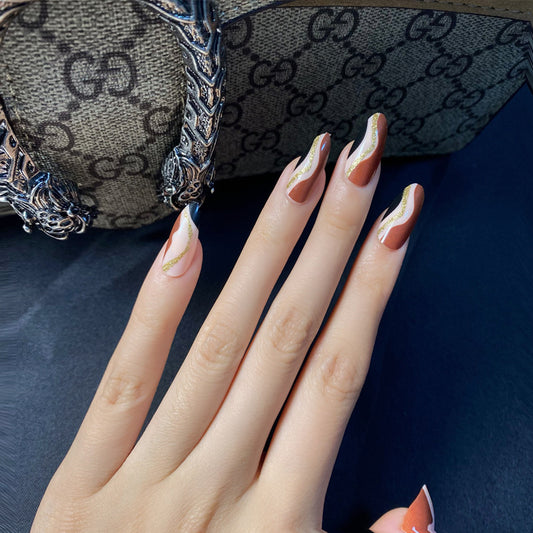 Glamorous Brown Long Oval Press On Nails with Wave Design and Glitter Accents