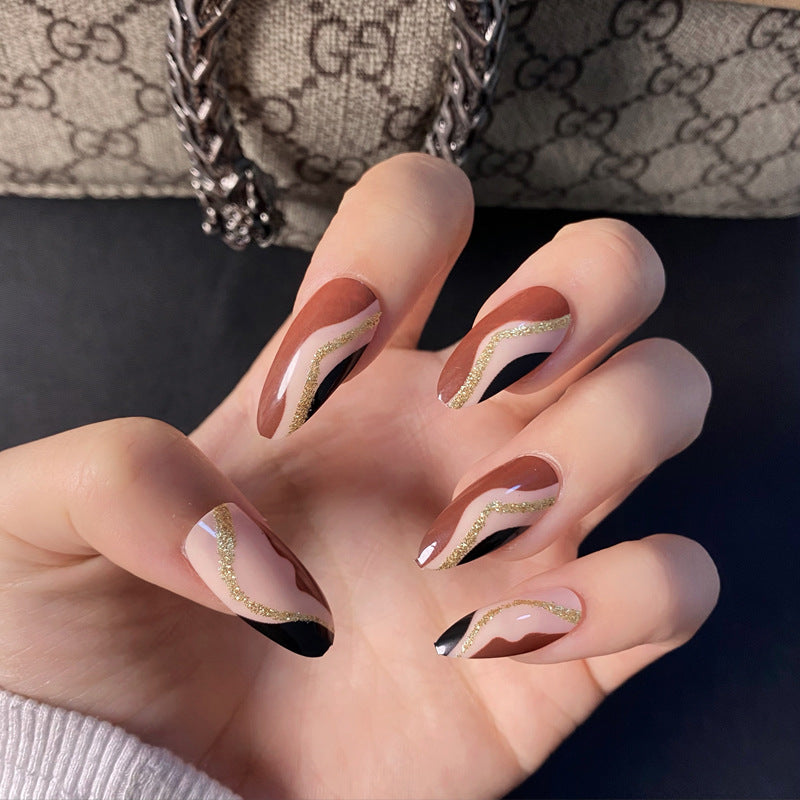Elegant Earthy Tapered Ombre Long Almond Nails with Gold Accent Design