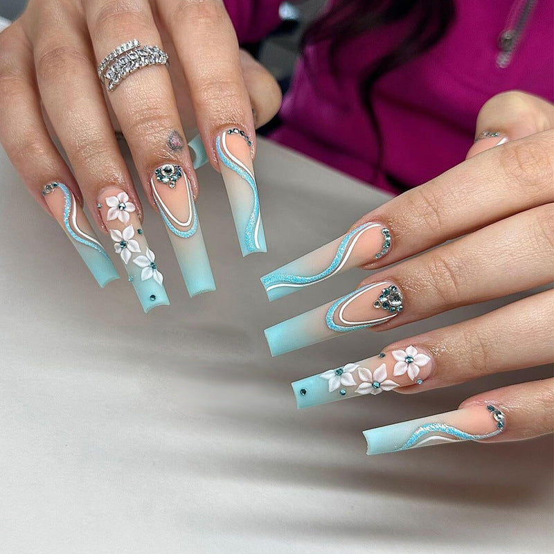 Whimsical Spring Floral Long Square Ombre Aqua with Gemstone and Flower Details Press-On Nail Set