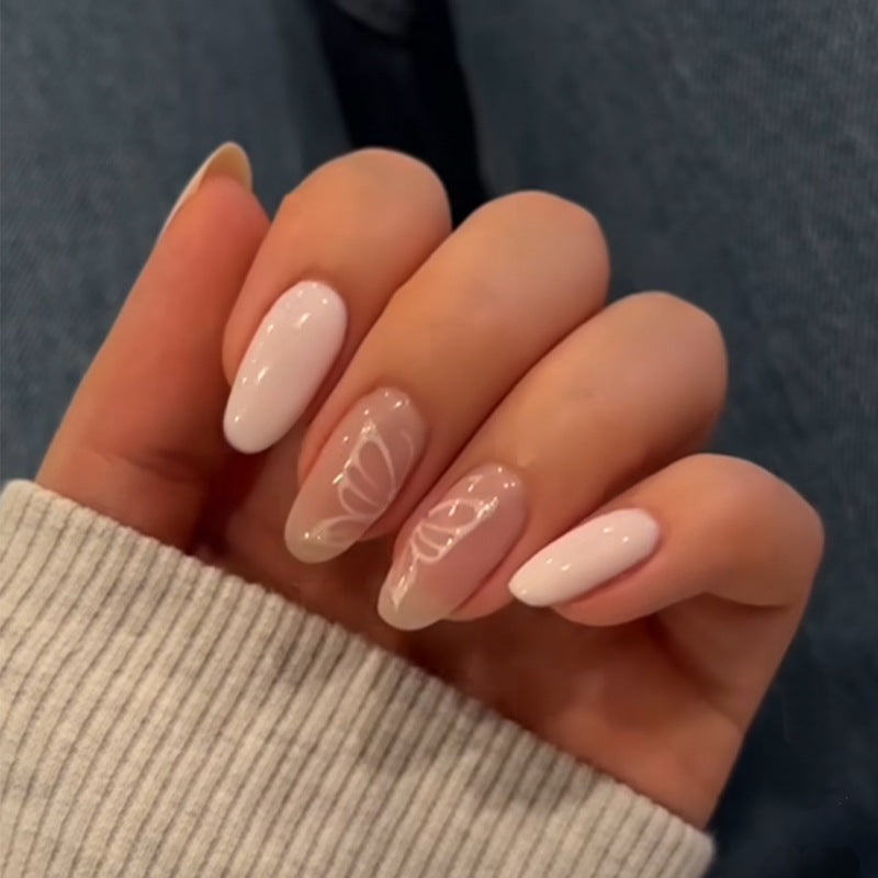Whimsical Butterfly Dreams Long Oval Shaped Pastel Pink Color with Elegant Floral Design Press On Nail Set