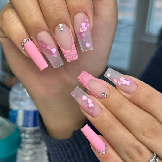 Romantic Dreamy Long Square Pink Press on Nail Set with Heart Accents and Glitter Details