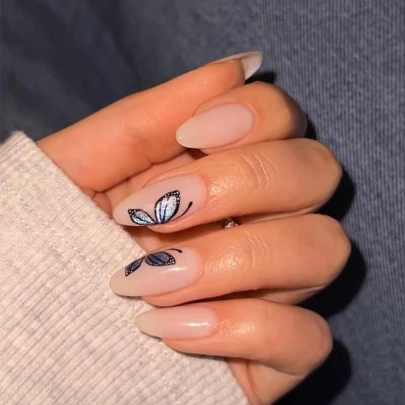 Butterfly Dreams Medium Almond Shaped Pastel Pink Press On Nail Set with Intricate Butterfly Designs