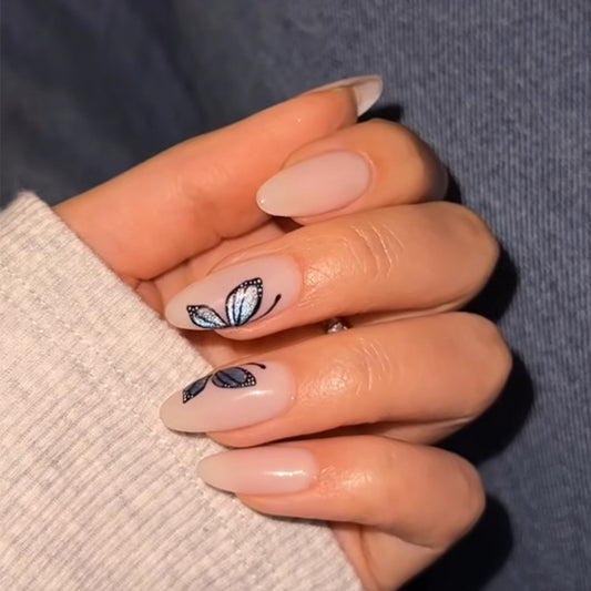 Butterfly Dreams Medium Almond Shaped Pastel Pink Press On Nail Set with Intricate Butterfly Designs