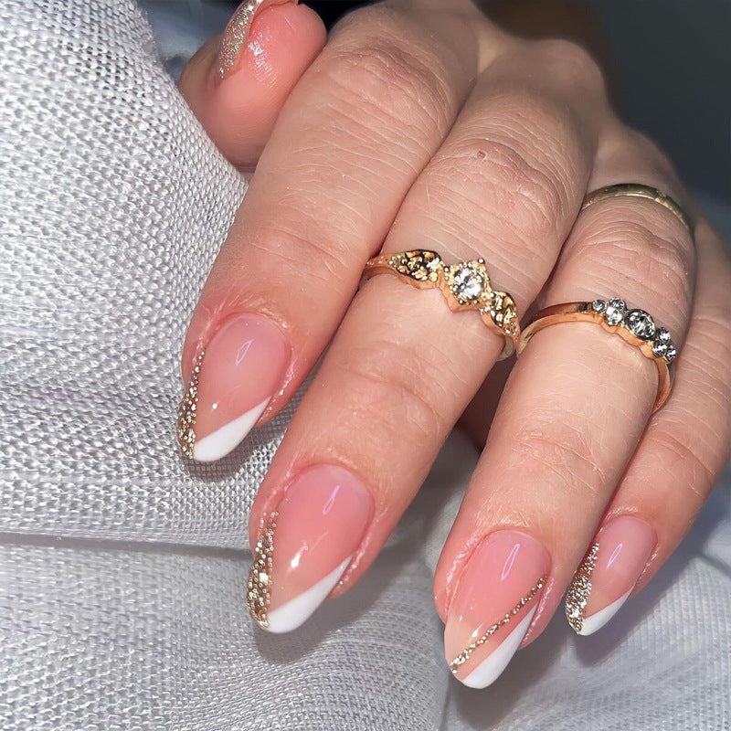 Glamorous Elegance Medium Almond Pink with Glimmering Gold Tips Press On Nail Set