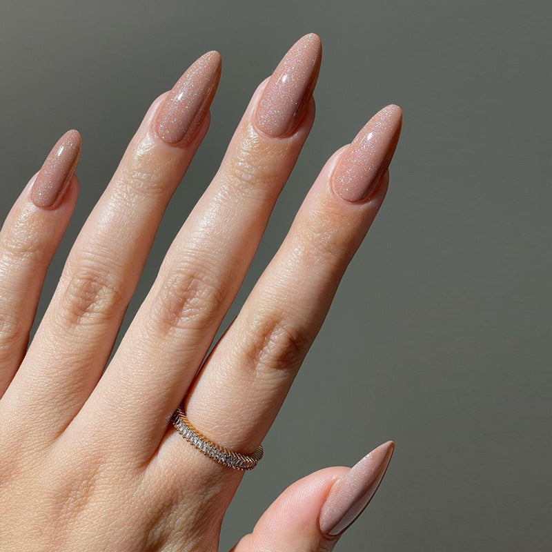 Glamorous Elegance Long Almond Beige Glitter Press-On Nail Set
