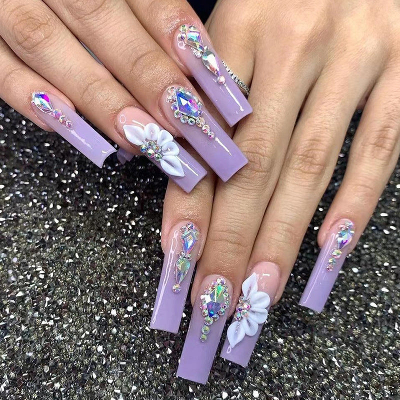 Enchanting Floral Lavender Long Square Press-On Nail Set with Dazzling Gemstone Accents