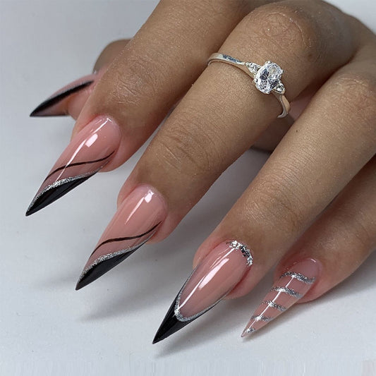 Gothic Elegance Long Stiletto Pink and Black Nail Press Set with Silver Glitter Accents