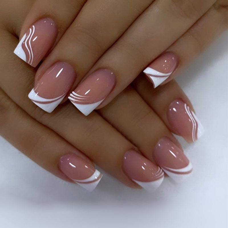 Elegant Blossom Medium Square Clear Pink with White Swoop Design Press on Nail Set