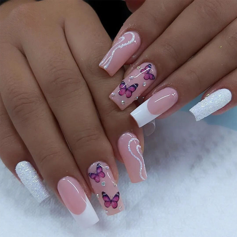 Enchanting Garden Press on Nails Medium Square Blush Pink with Butterfly Accents and Sparkling Glitter