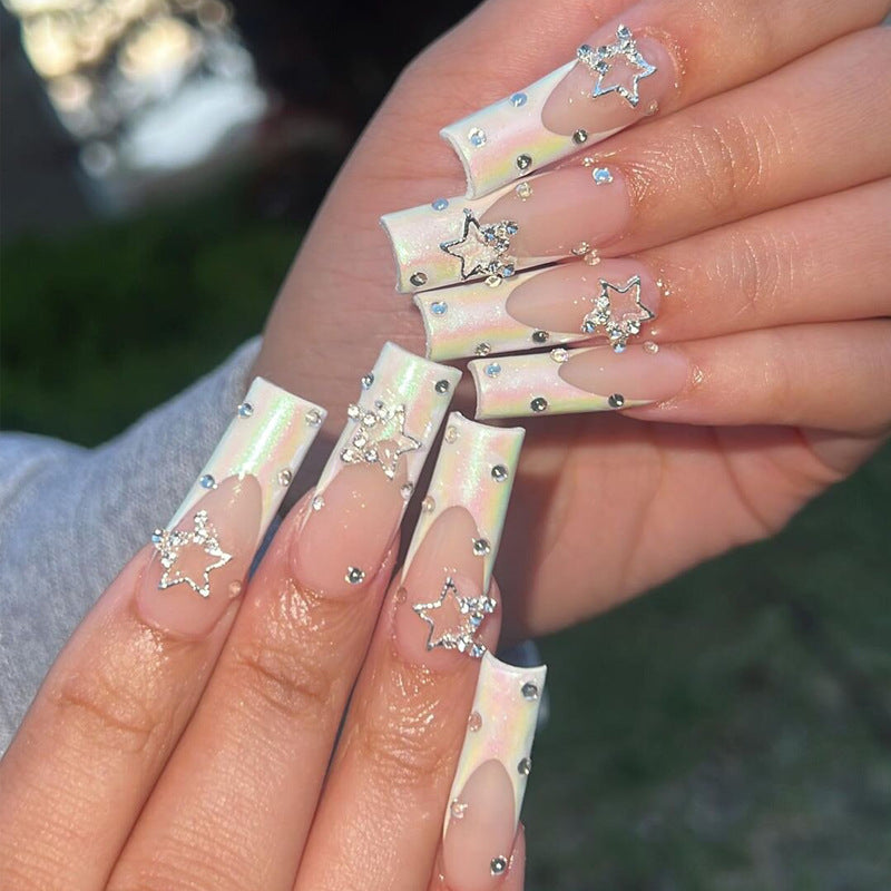 Cosmic Dream Press on Nail Set Long Square White with Star and Gemstone Accents