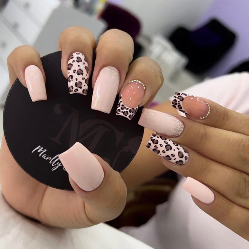 Chic Leopard Glamour Long Square Blush Pink with Sparkling Accents Press On Nail Set