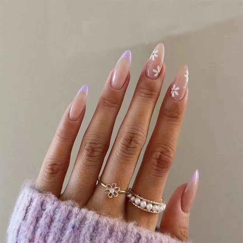 Whimsical Floral Dream Long Almond Soft Lavender with Charming White Blossom Accents Press-On Nail Set