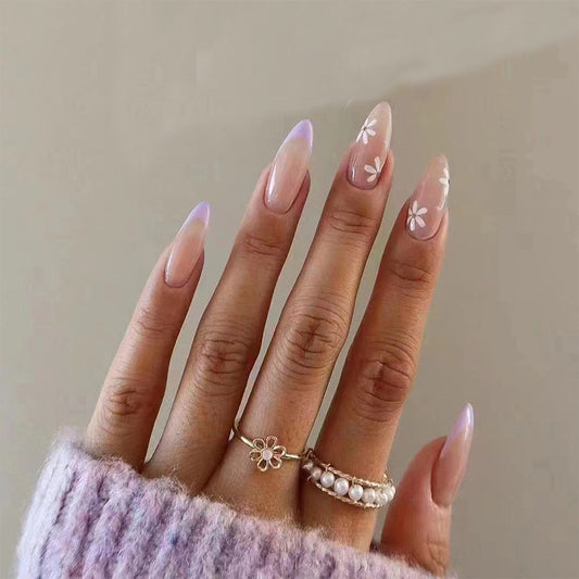 Whimsical Floral Dream Long Almond Soft Lavender with Charming White Blossom Accents Press-On Nail Set