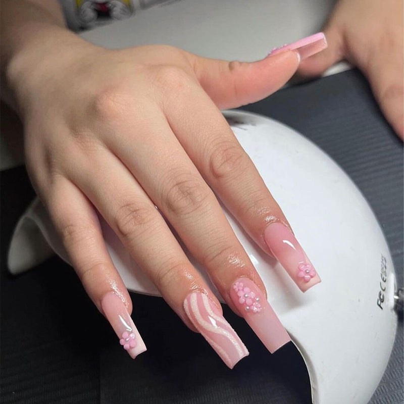 Blossom Dreams Long Square Pink Press On Nail Set with Charming Floral Accents