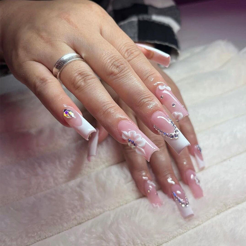 Charming Elegance Long Square Pink with Floral Accents and Gemstone Detail Press On Nail Set