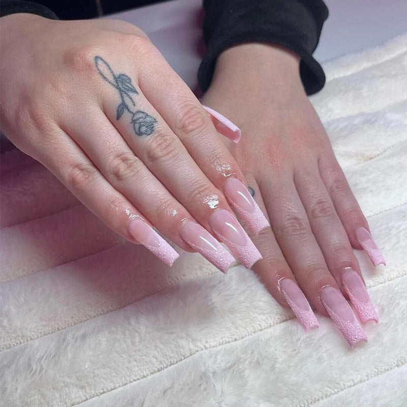 Dreamy Elegance Long Square Pink Ombre Glitter Press On Nail Set