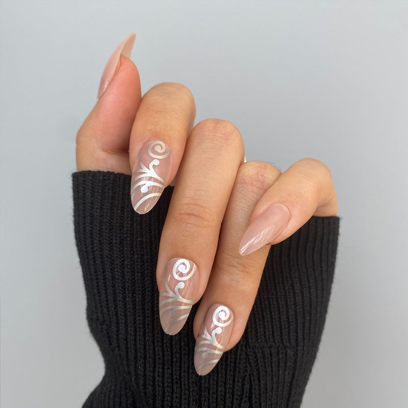 Ethereal Elegance Long Oval Natural Beige with Intricate White Swirl Design Press On Nail Set