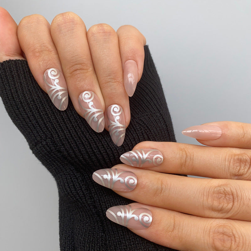 Whimsical Elegance Medium Almond Beige Press On Nail Set with Unique Swirl Art