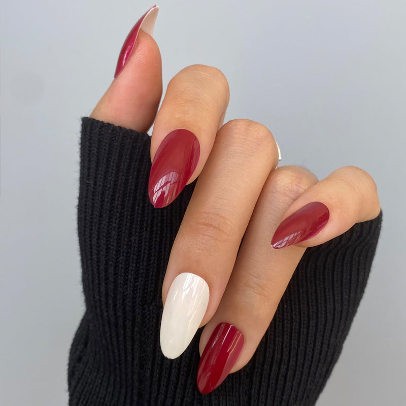 Glamorous Enchantment Medium Almond Long Burgundy and White Glossy Press On Nail Set
