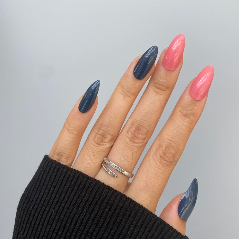 Charming Elegance Medium Almond Shaped Glossy Pink and Navy Color Press On Nail Set with Unique High Shine Finish