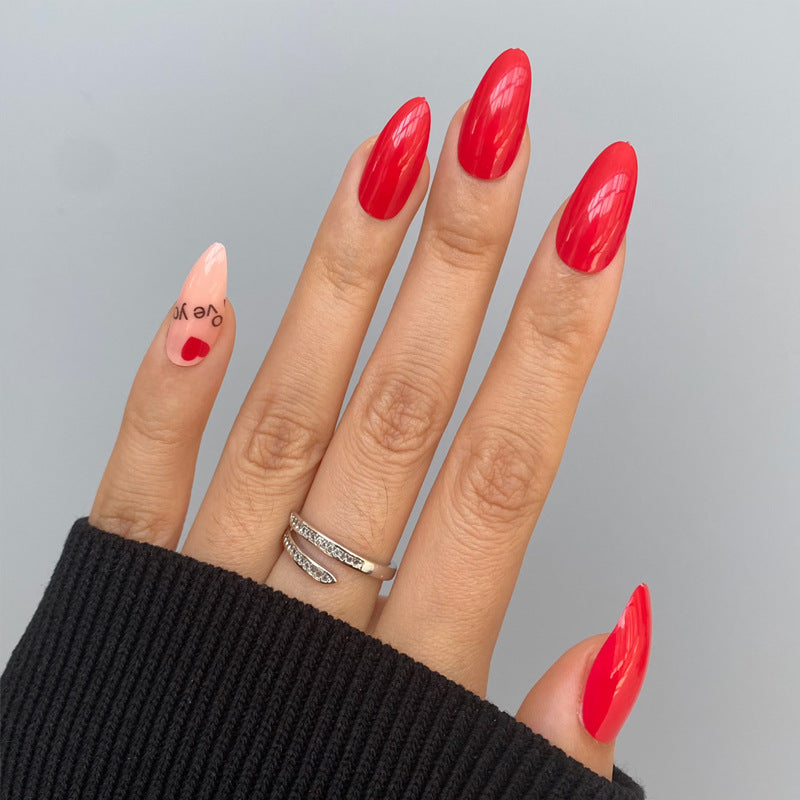 Glamorous Elegance Long Almond Red and Pink Press on Nail Set with Unique Heart Accent