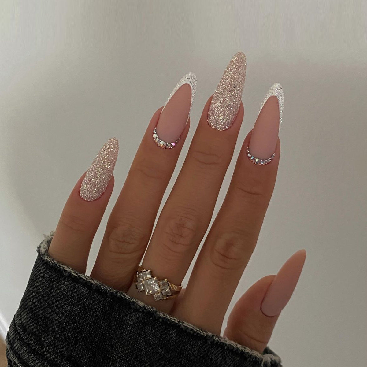 Glamorous Stardust Long Stiletto Pink and Glittery with Rhinestone Accents Press on Nail Set