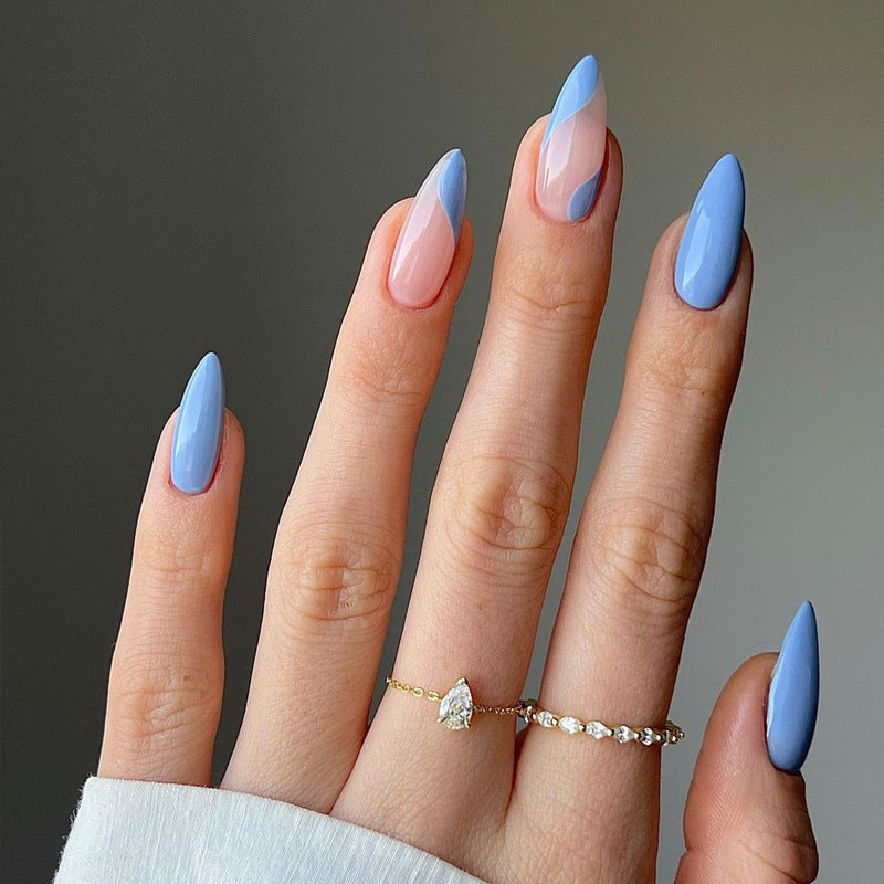 Dreamy Elegance Long Stiletto Blue and Pink Ombre Nail Set with Unique Geometric Design