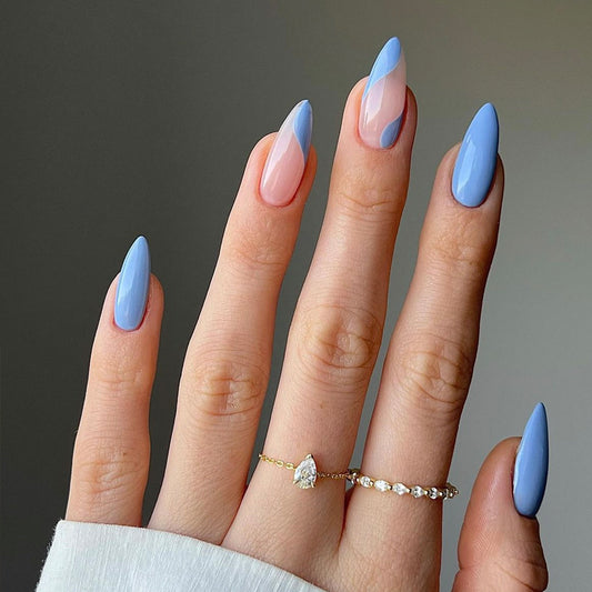 Dreamy Elegance Long Stiletto Blue and Pink Ombre Nail Set with Unique Geometric Design