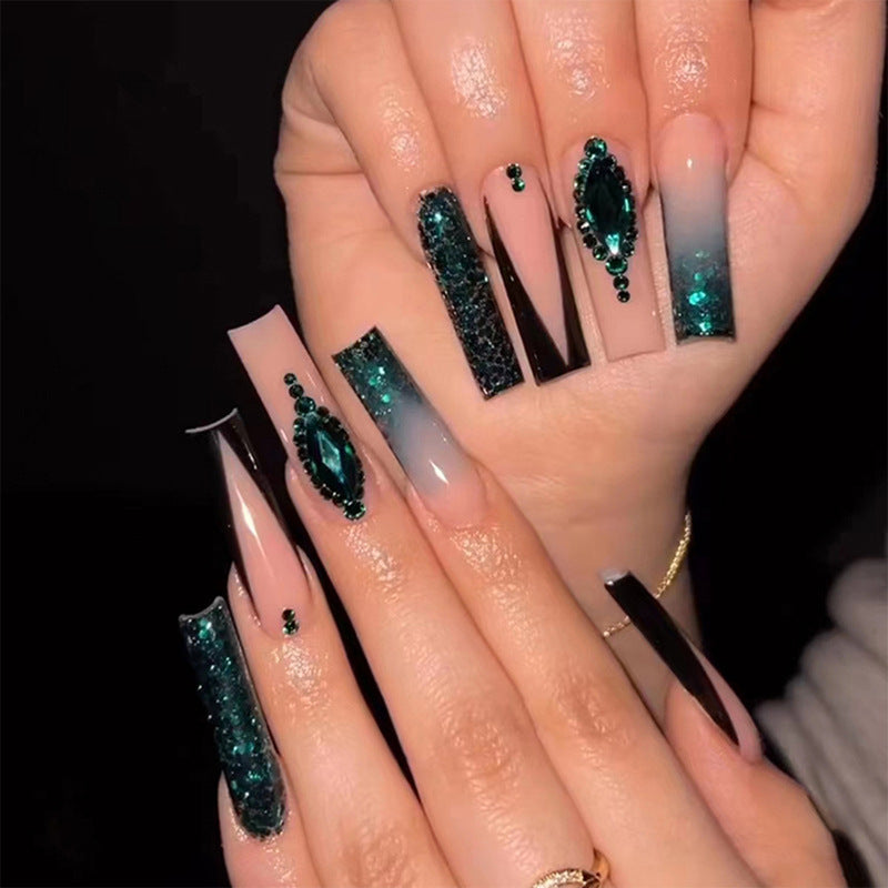Glamorous Twilight Square Long Green Gradient Glittering Stone Press On Nail Set