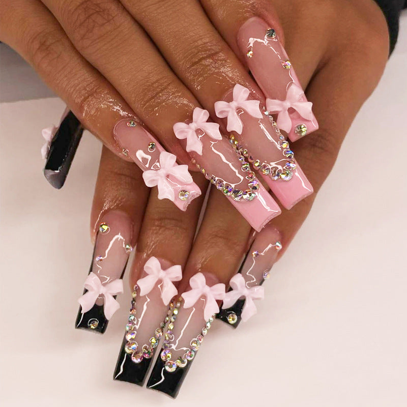Charming Elegance Long Square Glossy Pink and Black Press on Nail Set with Delightful Bow and Rhinestone Accents