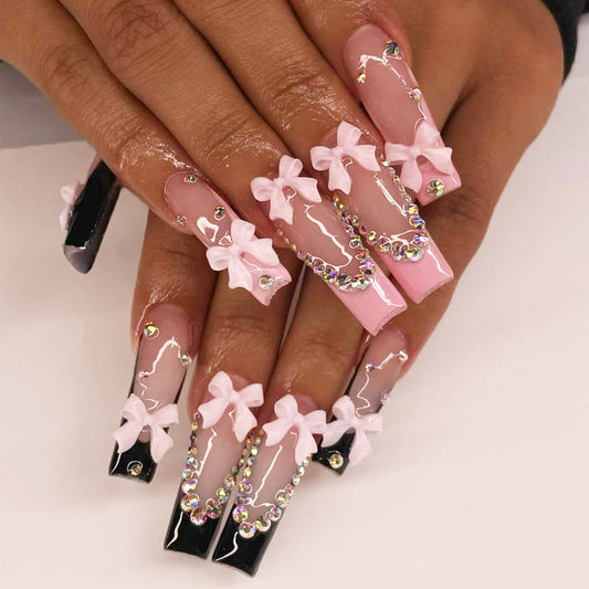 Charming Elegance Long Square Glossy Pink and Black Press on Nail Set with Delightful Bow and Rhinestone Accents