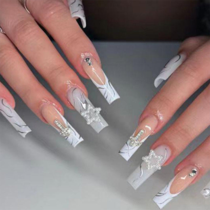 Celestial Elegance Long Square White Marble Press On Nail Set with Glittering Star Accents