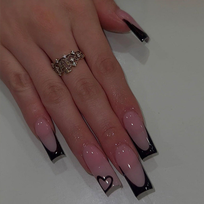 Charming Elegance Long Square Pink and Black Gradient with Heart Accent Press On Nail Set