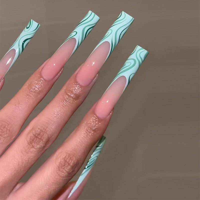 Dreamy Oasis Long Square Aquamarine Marble Press On Nail Set with Unique Cutout Design