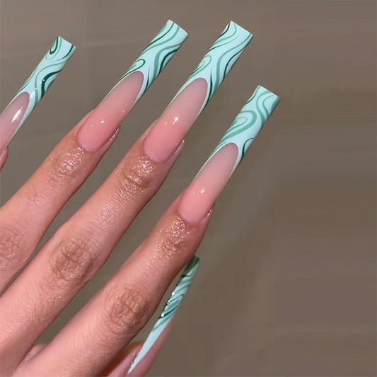 Dreamy Oasis Long Square Aquamarine Marble Press On Nail Set with Unique Cutout Design