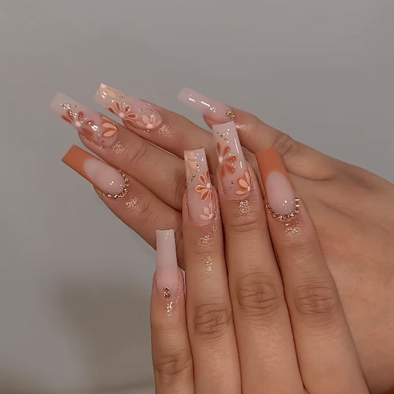 Enchanting Floral Dream Extra Long Square Ombre Peach Press On Nail Set with Charming Glitter Accents